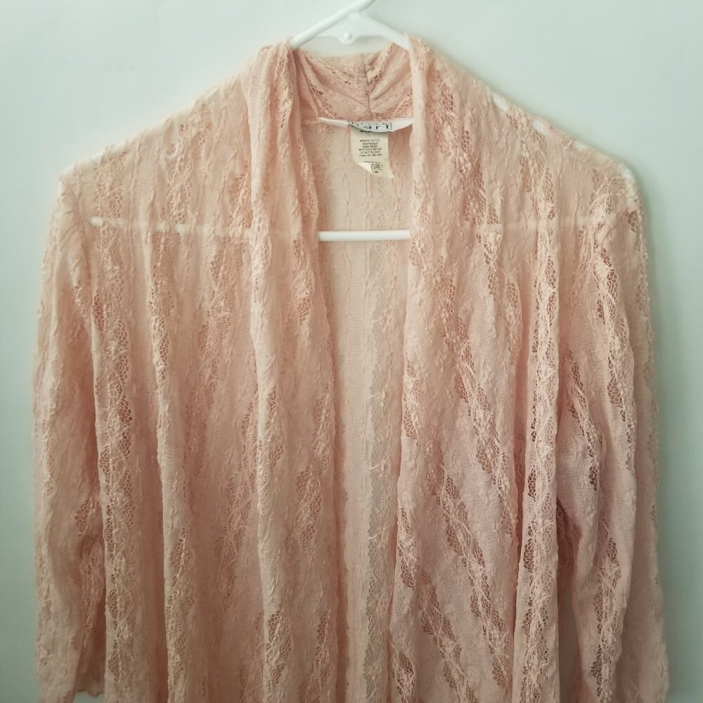 Vtg Keren Hart Women M Peach Lace Knit 3/4 Long Sleeve Lightweight Open Cardigan - Picture 4 of 13